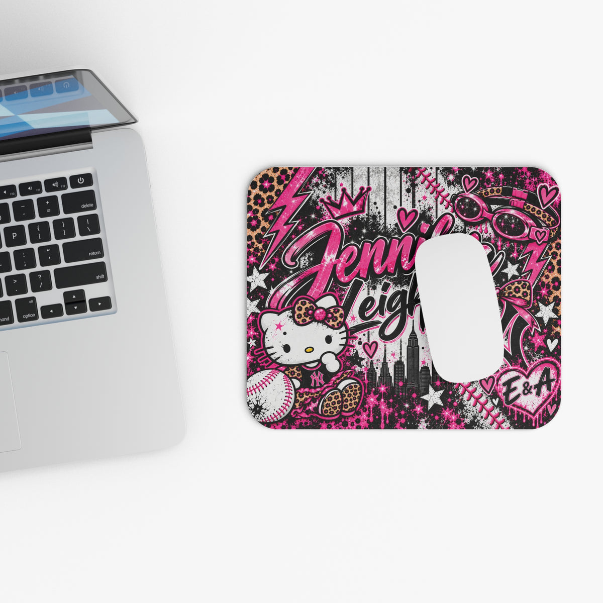 Personalized Pink Leopard Kitty Baseball Mouse Pad — Custom Name