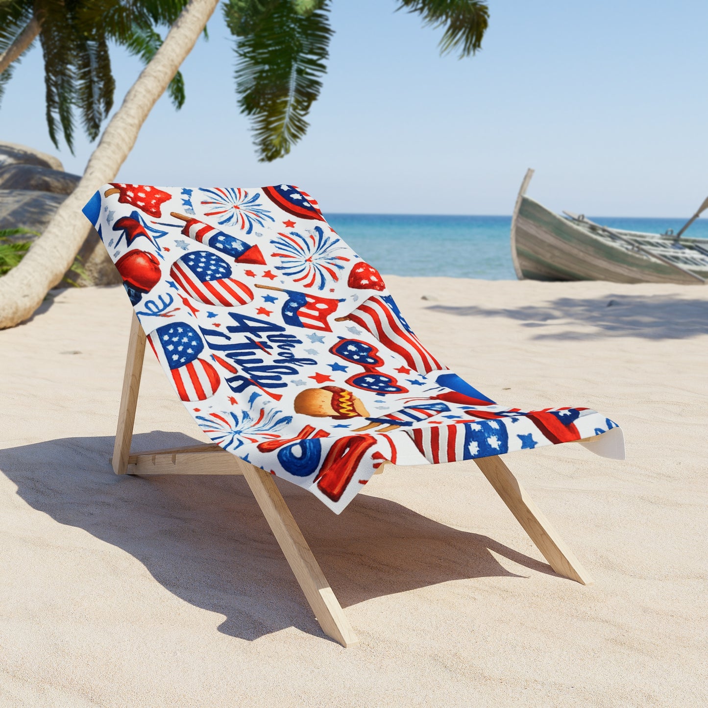 4th of July Beach Towel - USA Patriotic Fireworks, Hot Dog & Flag Print