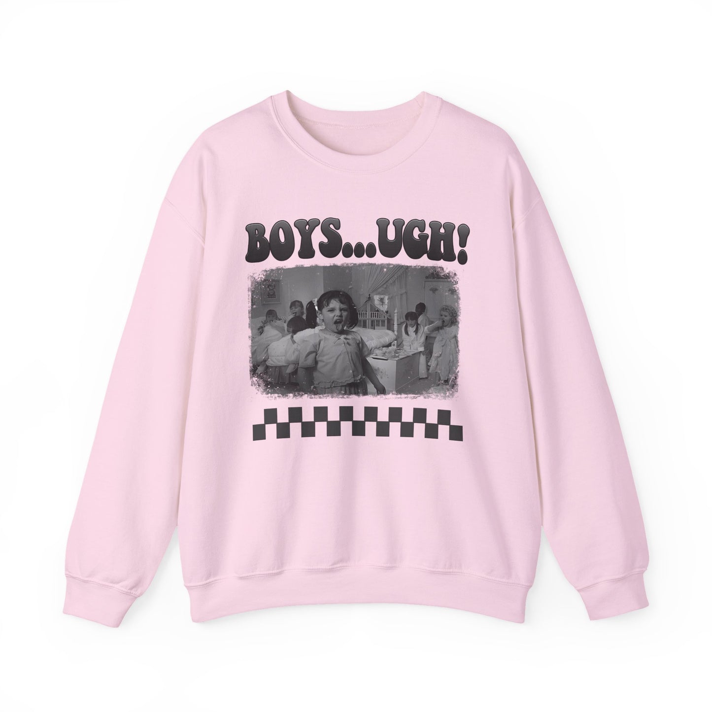 Copy of 'Boys...Ugh!' Graphic Crewneck Sweatshirt — Retro Grayscale Checkerboard Tee for Teens & Young Adults