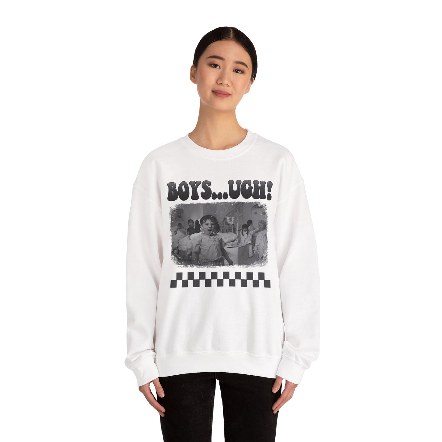 Copy of 'Boys...Ugh!' Graphic Crewneck Sweatshirt — Retro Grayscale Checkerboard Tee for Teens & Young Adults