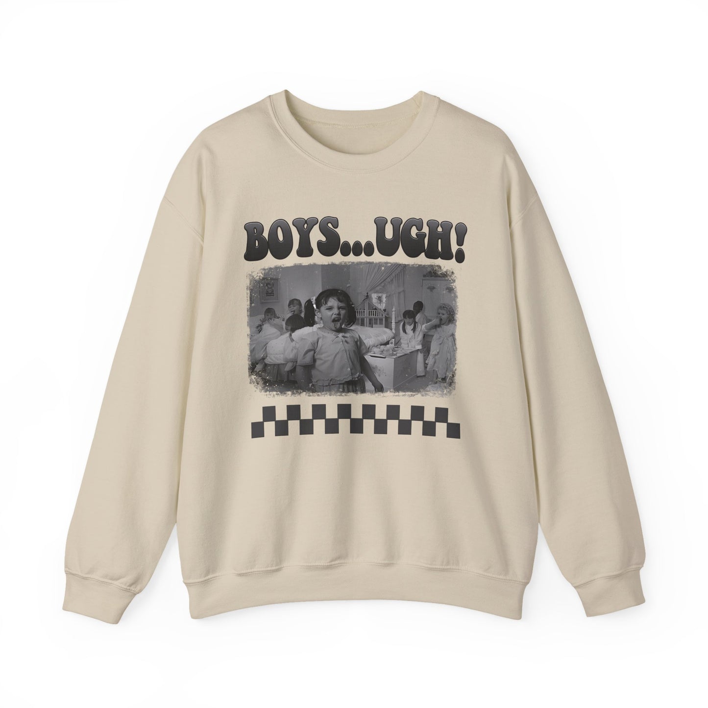 Copy of 'Boys...Ugh!' Graphic Crewneck Sweatshirt — Retro Grayscale Checkerboard Tee for Teens & Young Adults