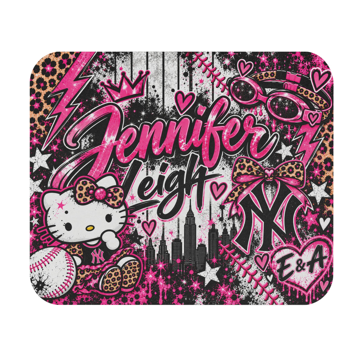 Personalized Pink Leopard Kitty Baseball Mouse Pad — Custom Name