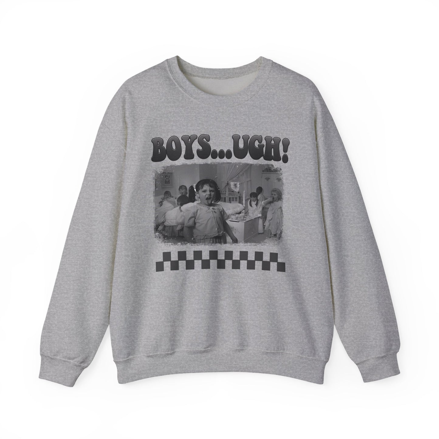 Copy of 'Boys...Ugh!' Graphic Crewneck Sweatshirt — Retro Grayscale Checkerboard Tee for Teens & Young Adults