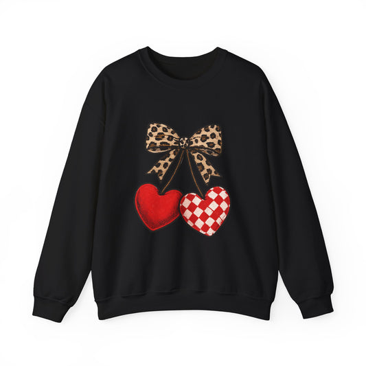 Leopard Bow Double Heart Sweatshirt - Valentine's Cozy Crewneck
