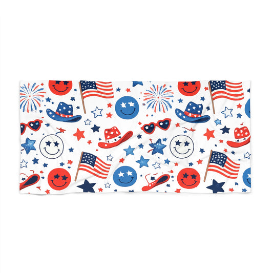4th of July Patriotic Beach Towel – Red, White & Blue Fireworks & Flags Design