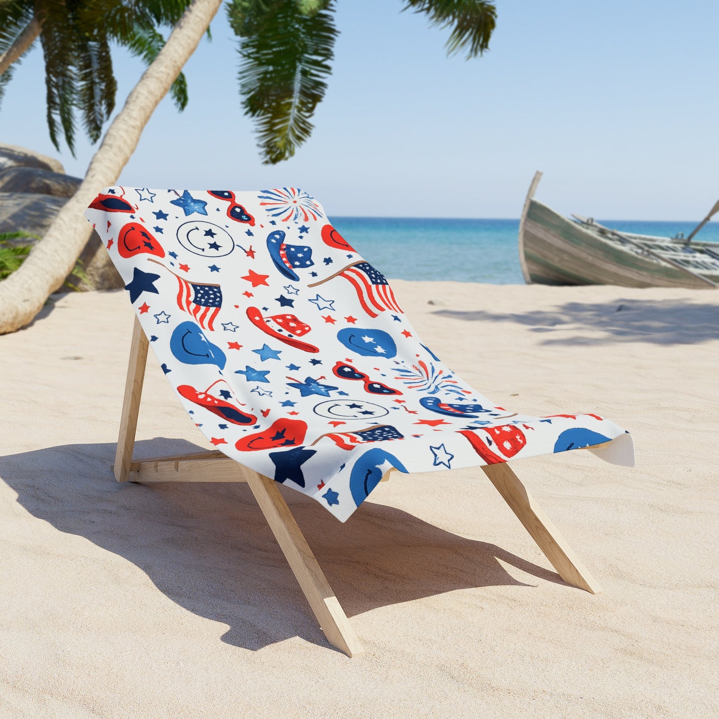 4th of July Patriotic Beach Towel – Red, White & Blue Fireworks & Flags Design