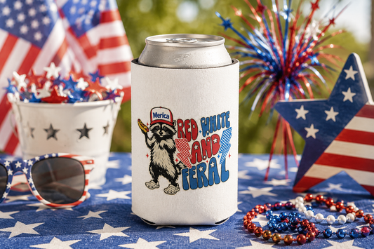 Can Cooler — "Red, White and Feral" Patriotic Cat Beer Koozie