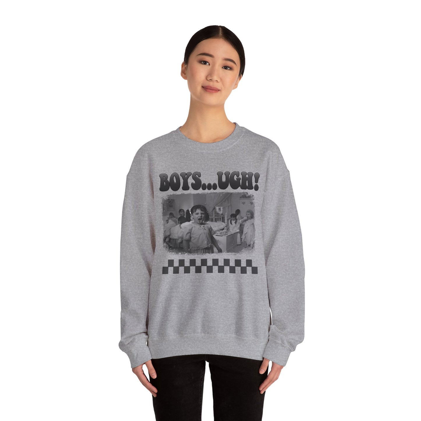 Copy of 'Boys...Ugh!' Graphic Crewneck Sweatshirt — Retro Grayscale Checkerboard Tee for Teens & Young Adults