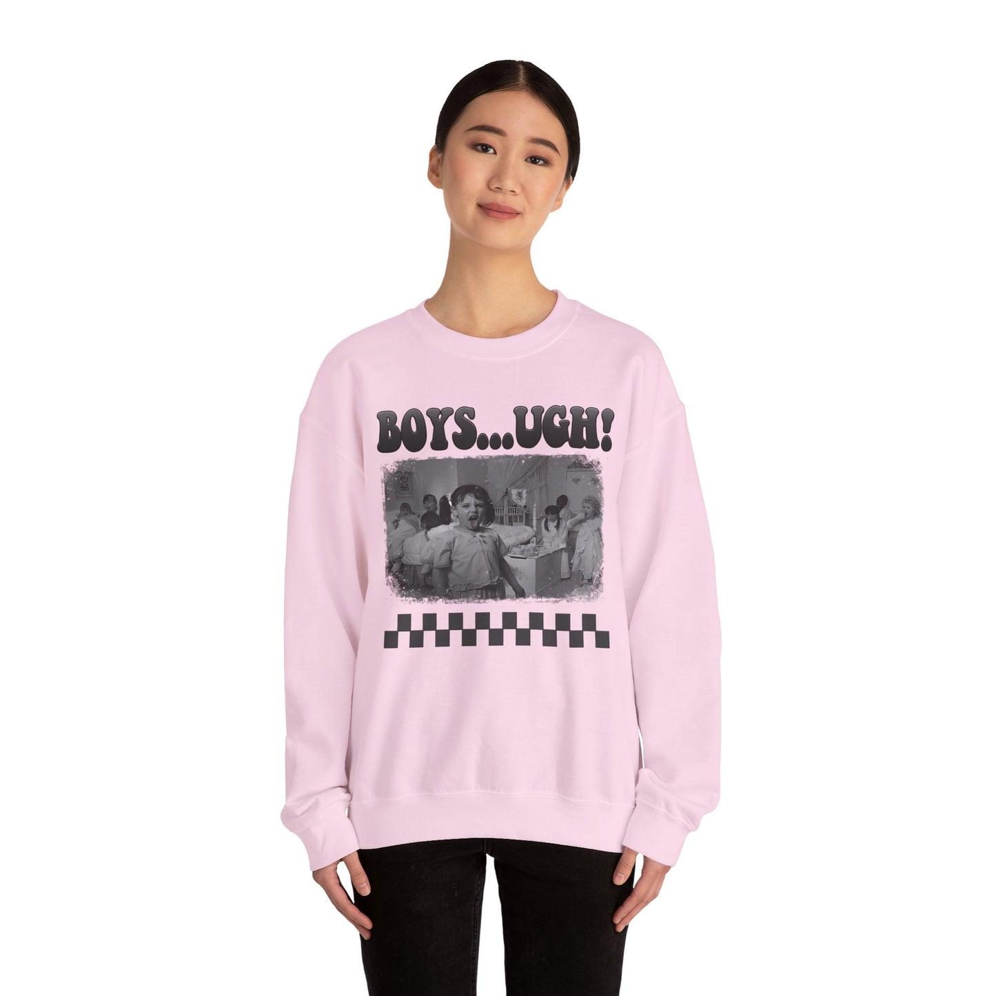 Copy of 'Boys...Ugh!' Graphic Crewneck Sweatshirt — Retro Grayscale Checkerboard Tee for Teens & Young Adults