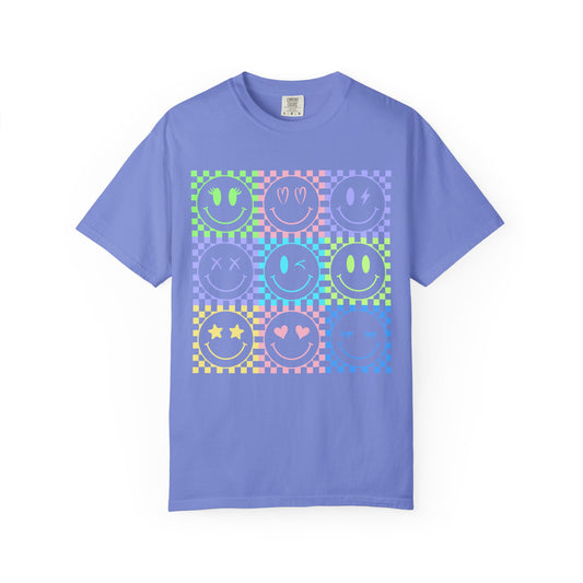 Smiley Grid Neon Checker Tee - Retro Pastel Happy Face T-Shirt