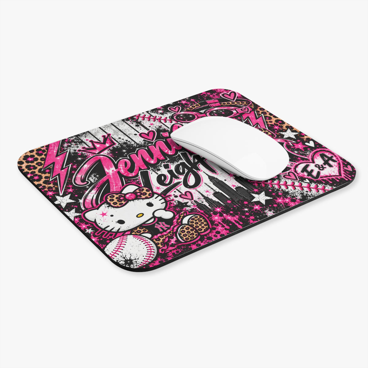 Personalized Pink Leopard Kitty Baseball Mouse Pad — Custom Name