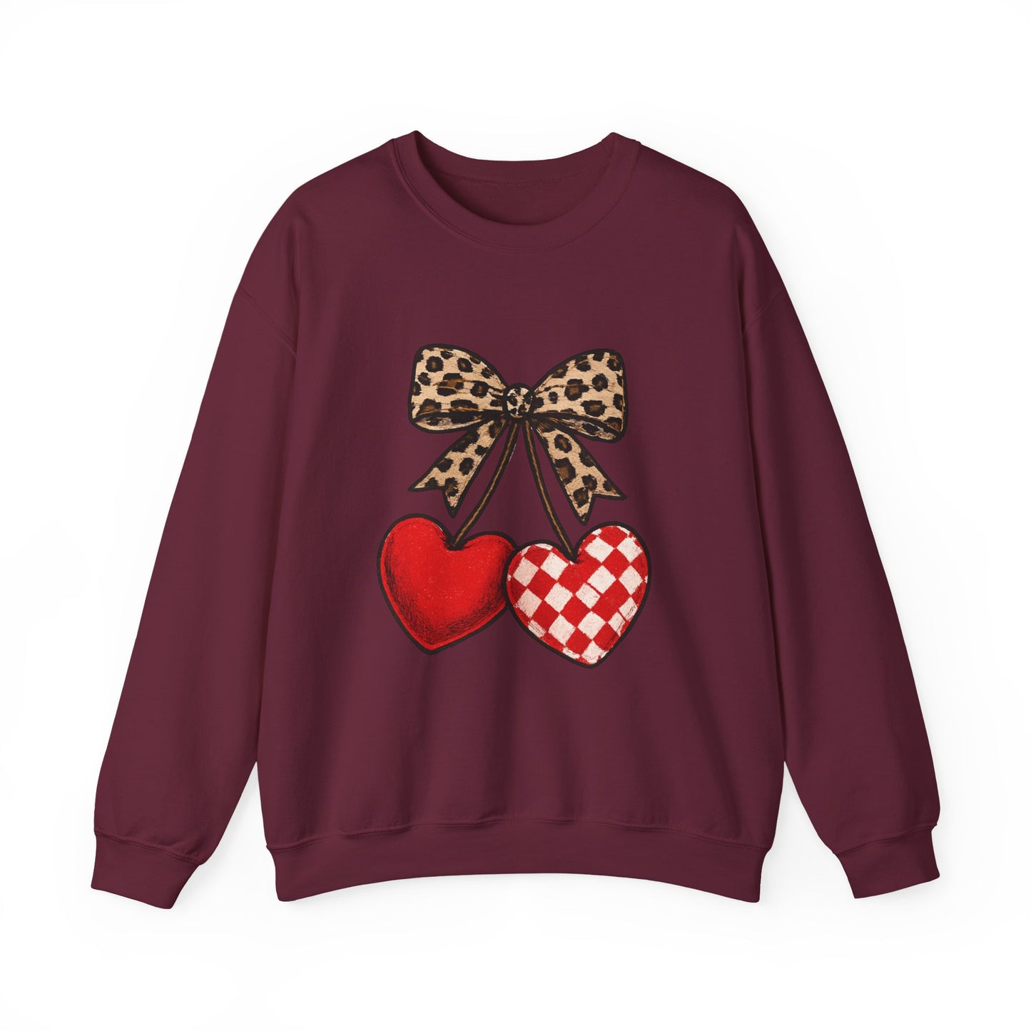 Leopard Bow Double Heart Sweatshirt - Valentine's Cozy Crewneck