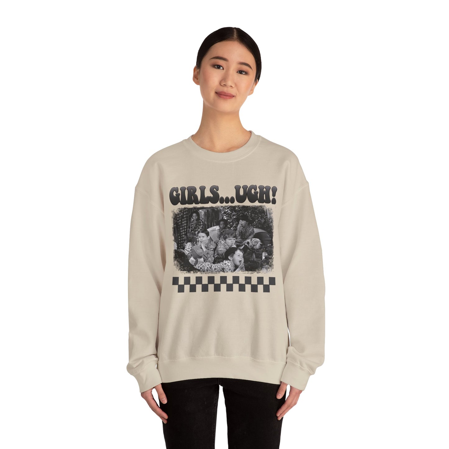 Crewneck Sweatshirt — 'GIRLS...UGH!' Retro Grunge Graphic Pullover