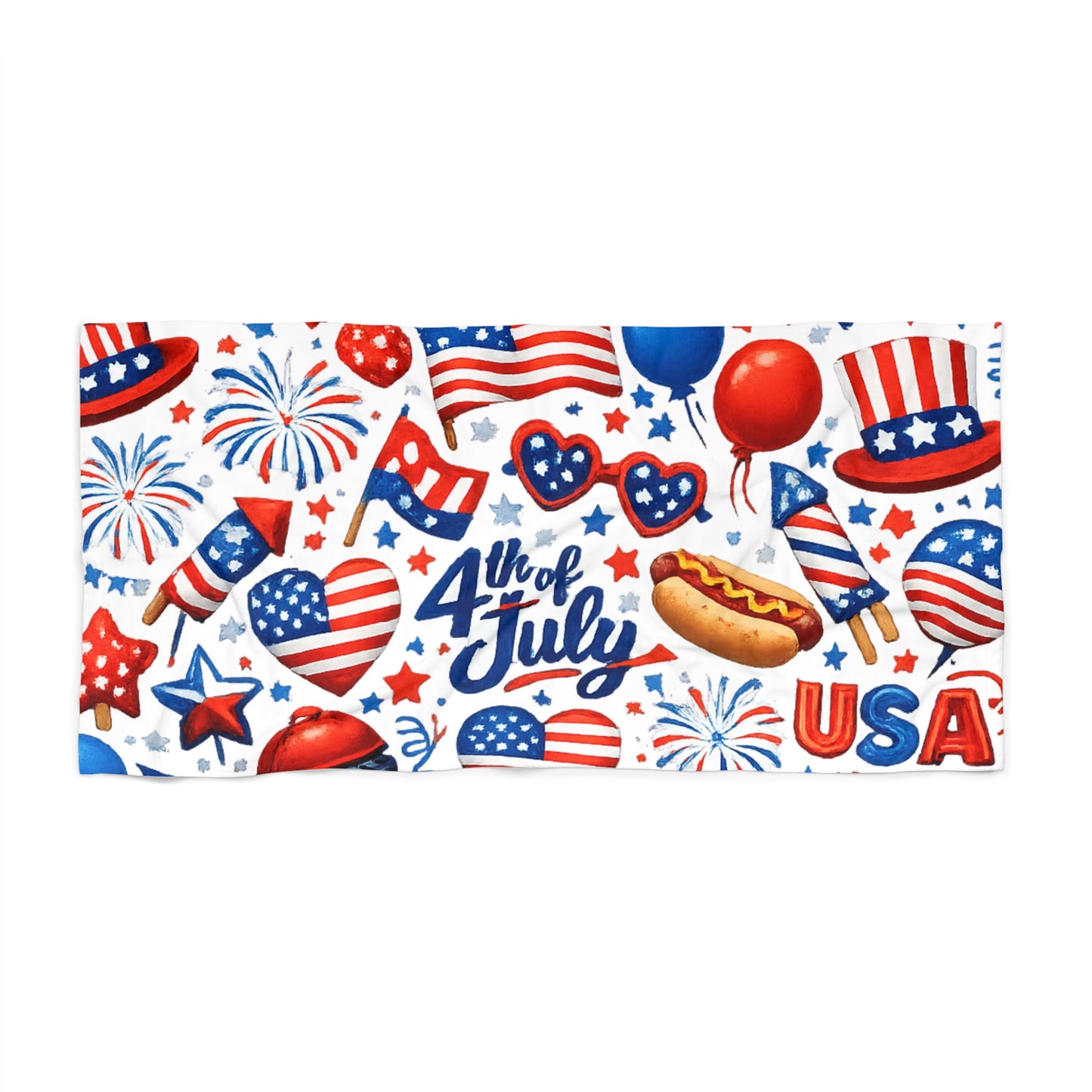 4th of July Beach Towel - USA Patriotic Fireworks, Hot Dog & Flag Print