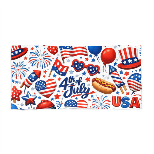 4th of July Beach Towel - USA Patriotic Fireworks, Hot Dog & Flag Print
