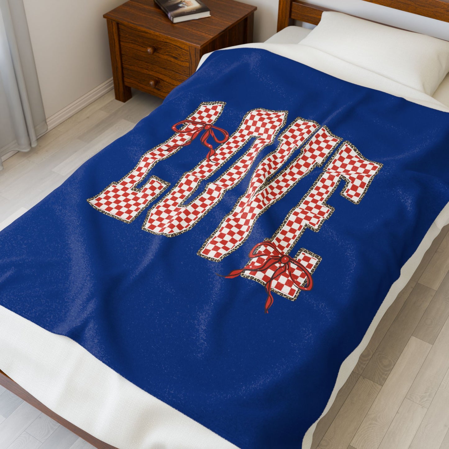 Velveteen Plush Blanket — LOVE with Bows & Checkered Lining