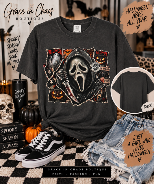 Scream Mask Halloween T-Shirt — Horror Ghost Face & Pumpkins Graphic Tee