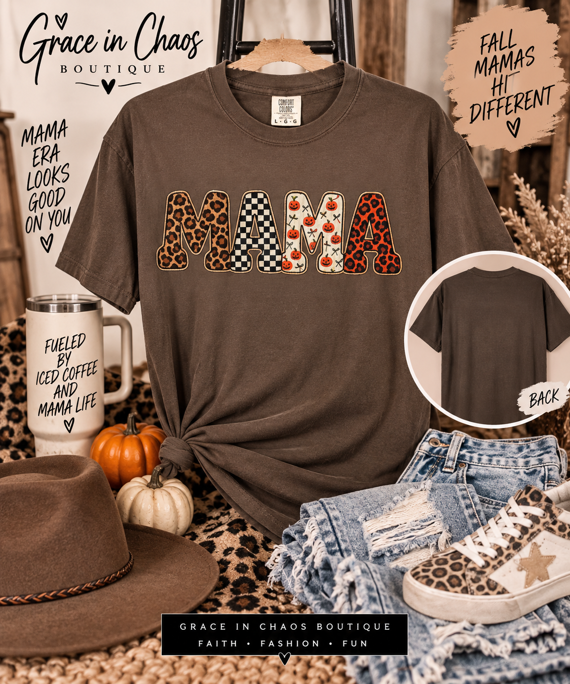 Mama Graphic T‑Shirt — Leopard, Buffalo Check & Floral Print Mom Tee