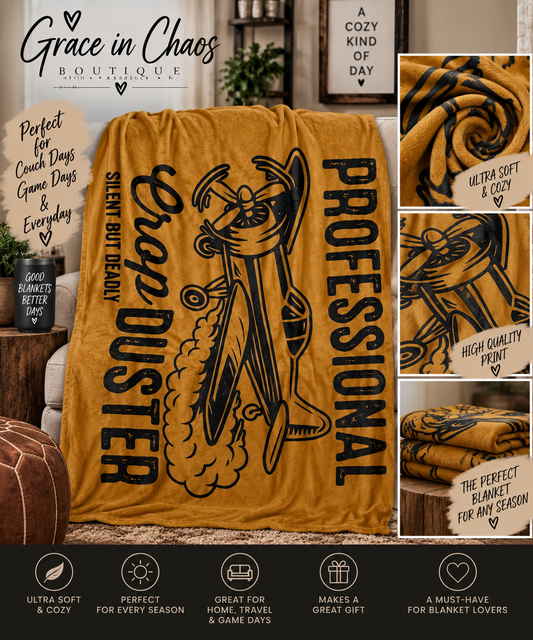 Velveteen Plush Blanket — "Professional Crop Duster" Vintage Airplane Throw